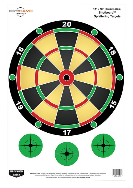 Picture of Birchwood Casey Pregame Shotboard Dart Board Hanging Paper All Firearms 12" X 18" Impact Enhancement Splatter 8 Targets 