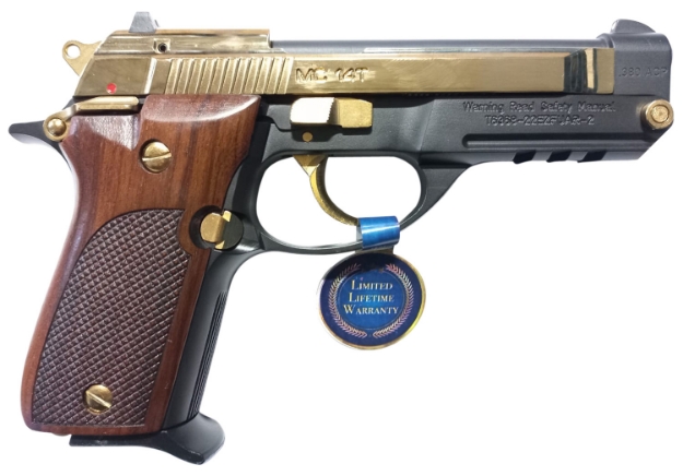 Picture of Girsan Mc 14T Solution Sports South Exclusive Compact 380 Acp 13+1 4.50" Gold Plated Steel Tip-Up Barrel, Serrated Slide & Aluminum Frame W/Accessory Rail, Walnut Checkered Grip Ambidextrous 