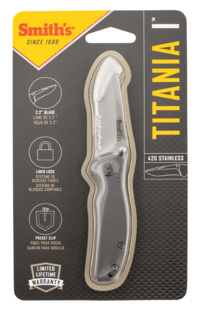 Picture of Smiths Products Titania I 2.20" Folding Drop Point Part Serrated Satin Titanium Coated Stainless Steel Blade/ Stainless Steel Handle Includes Pocket Clip 