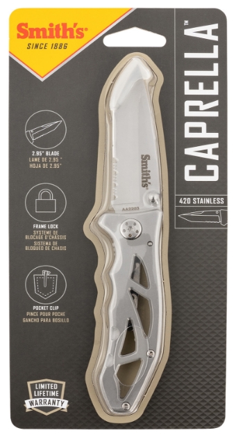 Picture of Smiths Products Caprella 2.95" Folding Drop Point Part Serrated Bead Blasted 400 Ss Blade/Silver Skeletonized Stainless Steel Handle Includes Pocket Clip 