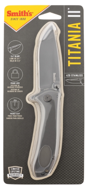 Picture of Smiths Products Titania Ii 3.50" Folding Drop Point Plain Satin Titanium Coated Stainless Steel Blade/Stainless Steel Handle Includes Pocket Clip 