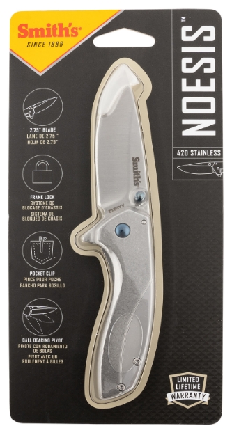 Picture of Smiths Products Noesis 2.75" Folding Drop Point Plain Satin 400 Ss Blade/Bead Blasted Stainless Steel Handle Includes Pocket Clip 