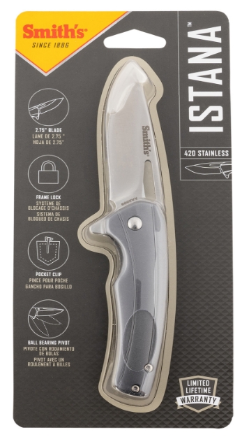 Picture of Smiths Products Istana 2.75" Folding Drop Point Plain Satin 400 Ss Blade/Gray Anodized Aluminum Handle Includes Pocket Clip 