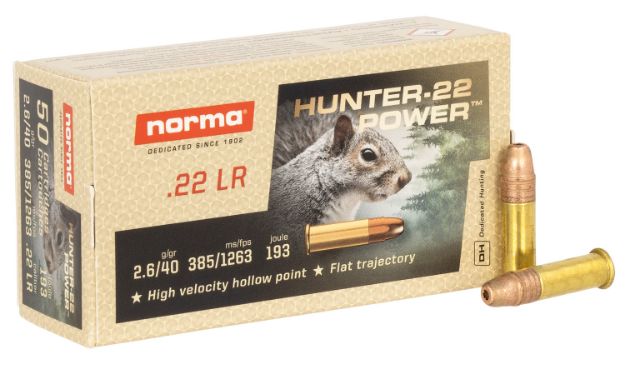 Picture of Norma Ammunition Dedicated Precision Hunter Power 22 Lr 40 Gr Jacketed Hollow Point (Jhp) 50 Per Box/ 100 Cs 