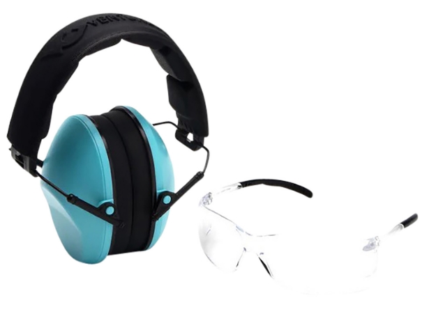 Picture of Pyramex Low-Profile Combo Kit Scratch Resistant Clear Lens & Frame With Rubber Temple Tips, Powder Blue Low-Profile Earmuffs 