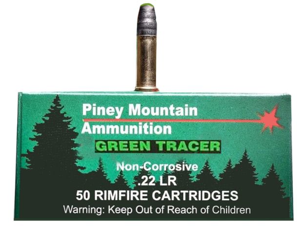 Picture of Piney Mountain Ammunition Green Tracer Non Corrosive 22 Lr 40 Gr Lead Round Nose (Lrn) 50 Per Box/ 10 Cs 