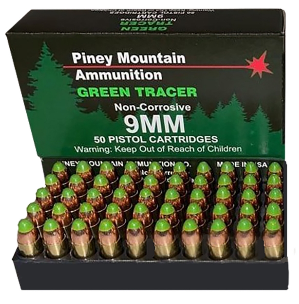 Picture of Piney Mountain Ammunition Green Tracer Non Corrosive 9Mm Luger 119 Gr Full Metal Jacket (Fmj) 20 Per Box/ 10 Cs 