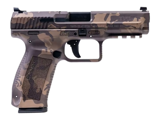 Picture of Canik Tp9sf 9Mm Luger 18+1 (2) 4.46", Woodland Bronze Camo, Picatinny Rail Frame With Interchangeable Backstrap, Fiber Optic Sights, Includes Holster 