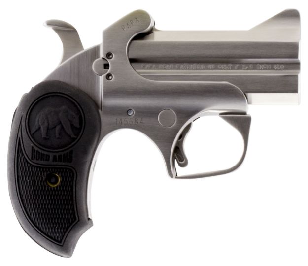 Picture of Bond Arms Papa Bear 45 Colt (Lc)/410 Gauge 2Rd 3" Stainless Steel Double Barrel & Frame, Auto Extractors & Rebounding Hammer, Blade Front/Fixed Rear Sights, Extended Rubber Grip, Manual Safety 
