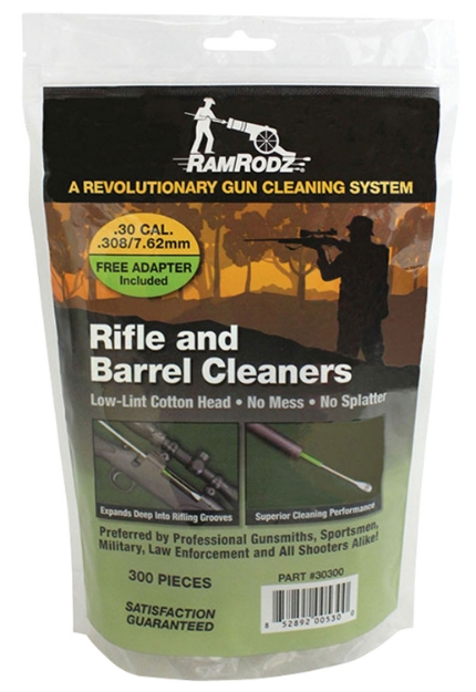 Picture of Ramrodz Rifle & Barrel Cleaning Swabs 7.62Mm/30/308 Cal Rifle Firearm Cotton/Bamboo 3" Long 300 Per Bag Includes Rifle Adapter 