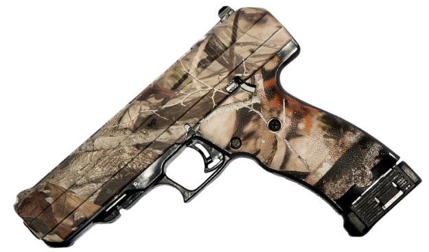 Picture of Hi-Point Model Jhp 45 Acp Caliber With 4.50" Barrel, 9+1 Capacity, Overall Hydro-Dipped Woodland Camo Finish, Picatinny Rail Frame, Serrated Steel Slide & Polymer Grip 