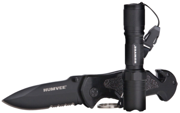 Picture of Humvee Adventure Gear Rescue Combo 3.25" Folding Spear Point Part Serrated Stainless Steel Blade Black Aluminum Handle Features Glass Breaker/Pocket Clip/Seatbelt Cutter 