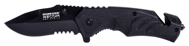 Picture of Humvee Adventure Gear Tactical Recon 3" Folding Drop Point Part Serrated Black Stainless Steel Blade/Black Textured Features Glass Breaker/Seat Belt Cutter Includes Pocket Clip 