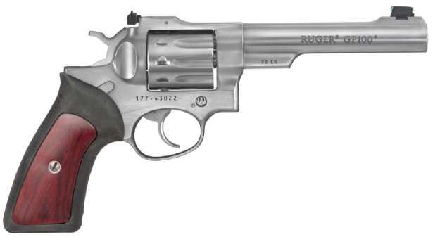 Picture of Ruger Gp100 22 Lr 5.50" Barrel 10Rd Cylinder, Satin Stainless Steel Frame, Cushioned Rubber With Hardwood Insert Grip, Transfer Bar Safety 