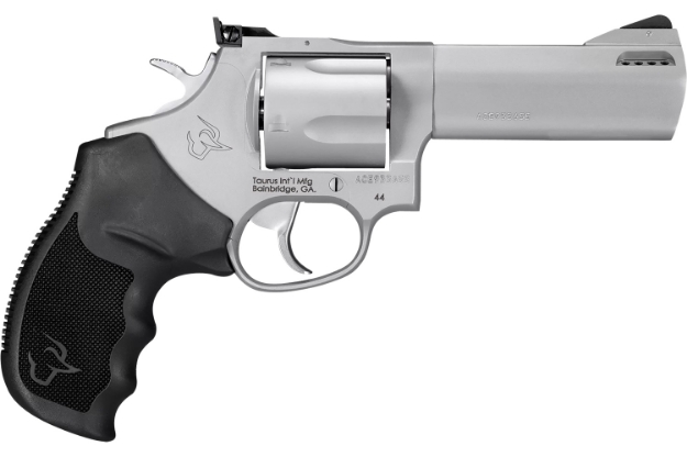 Picture of Taurus 2-440049Tkr Tracker Model 44 44 Rem Mag Caliber With 4" Ported Barrel, 5Rd Capacity Cylinder, Overall Matte Finish Stainless Steel, Finger Grooved Black Rubber Grip & Adjustable Rear Sight 