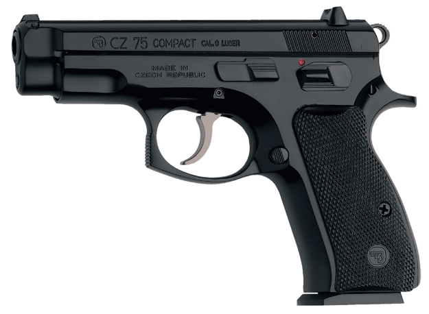 Picture of Cz-Usa Cz 75 Compact 9Mm Luger 14+1 3.75" Non-Tilted, Cold Hammer Forged Barrel, Black Inside Railed Slide, Black Polycoat Steel W/Serrated Trigger Guard & Beavertail, Black Plastic Grips 