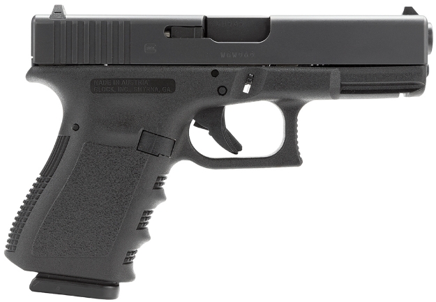 Picture of Glock G19 Gen3 Compact 9Mm Luger 15+1 4.02" Black Steel Barrel, Matte Black Serrated Slide, Black Polymer Frame W/Accessory Rail, Black Finger Grooved Polymer Grip, Right Hand 