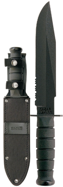 Picture of Ka-Bar Fighter 8" Fixed Clip Point Part Serrated Black 1095 Cro-Van Blade/Black Kraton G Handle Includes Sheath 