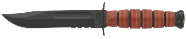 Picture of Ka-Bar Usmc 5.25" Fixed Clip Point Part Serrated Black 1095 Cro-Van Blade Brown Leather Handle 