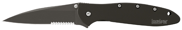 Picture of Kershaw Leek 3" Folding Modified Drop Point Part Serrated Black Dlc 14C28n Steel Blade Black Dlc 410 Stainless Steel Handle Includes Pocket Clip 