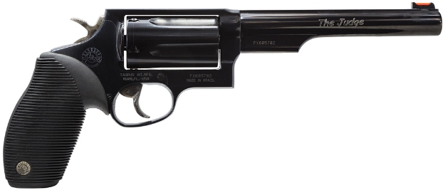 Picture of Taurus Judge 45 Colt (Lc) Caliber Or 2.50" 410 Gauge With 6.50" Barrel, 5Rd Capacity Cylinder, Overall Matte Black Oxide Finish Steel, Black Ribber Grip & Fiber Optic Front Sight 