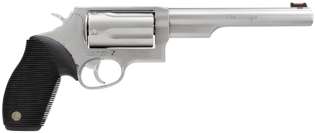 Picture of Taurus Judge 45 Colt (Lc) Caliber Or 2.50" 410 Gauge With 6.50" Barrel, 5Rd Capacity Cylinder, Overall Matte Finish Stainless Steel, Black Ribber Grip & Fiber Optic Front Sight 