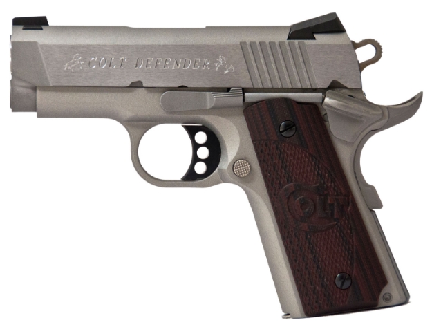 Picture of Colt Mfg Defender Compact 45 Acp 7+1 3" Steel Barrel, Stainless Serrated Slide, Matte Stainless Aluminum Frame W/Beavertail, Black Cherry Tactical G10 Grips, Right Hand 