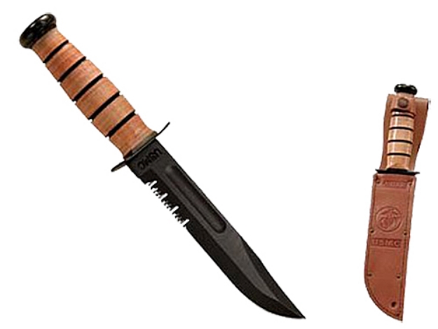 Picture of Ka-Bar Usmc Fight/Utility 7" Fixed Clip Point Part Serrated Black 1095 Cro-Van Blade Brown Leather Handle Includes Sheath 