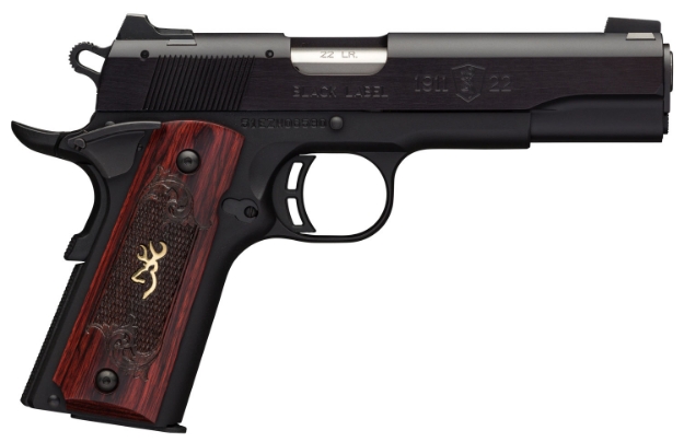 Picture of Browning 1911-22 Black Label Medallion 22 Lr 10+1 4.25" Target Crown Barrel, Matte Black Serrated Steel Slide & Aluminum Frame W/Beavertail, Checkered Rosewood W/Gold Buckmark Inlay Grip 