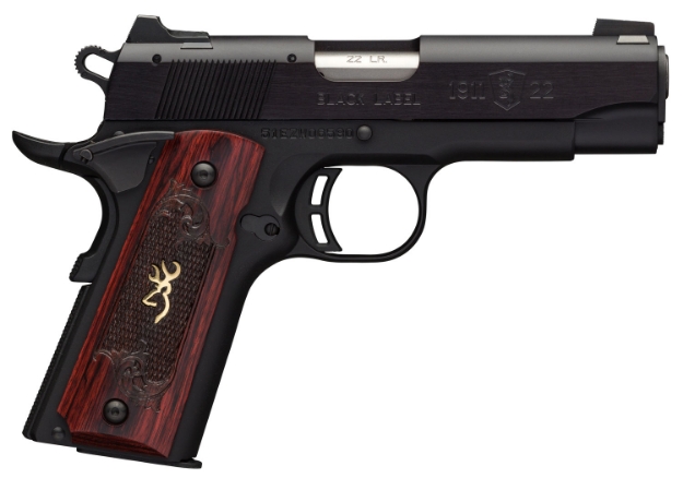 Picture of Browning 1911-22 Black Label Medallion Compact 22 Lr 3.63" 10+1 Matte Black Finish Aluminum Frame & Slide With Checkered Rosewood With Gold Buck Mark Inlay Grip 