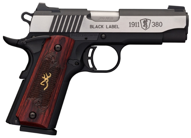 Picture of Browning 1911-380 Black Label Medallion Pro Compact 380 Acp 3.63" 8+1, Polymer Frame With Black Steel Slide/Polished Silver Flats, Checkered Rosewood Grip With Gold Buckmark, Night Sights 