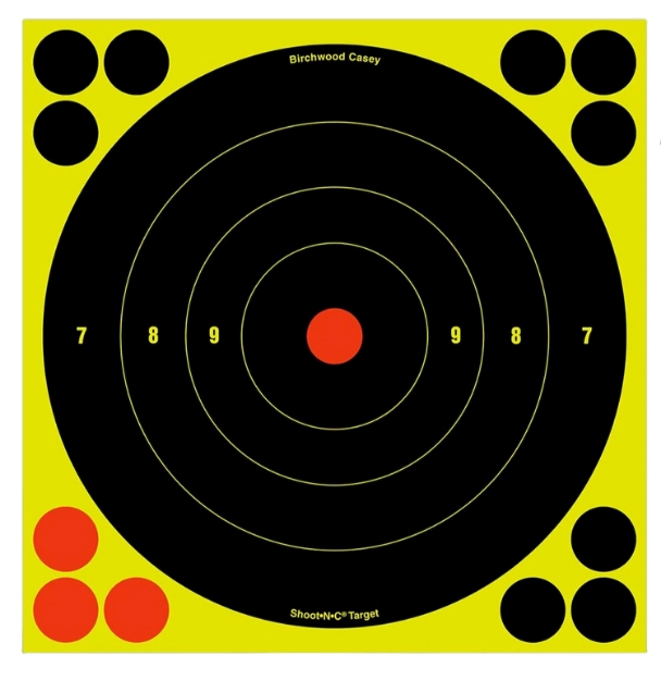 Picture of Birchwood Casey Shoot-N-C Reactive Target 8" Black/Yellow Self-Adhesive Paper Muzzleloader/Shotgun Chartreuse 6 Targets Includes Pasters 