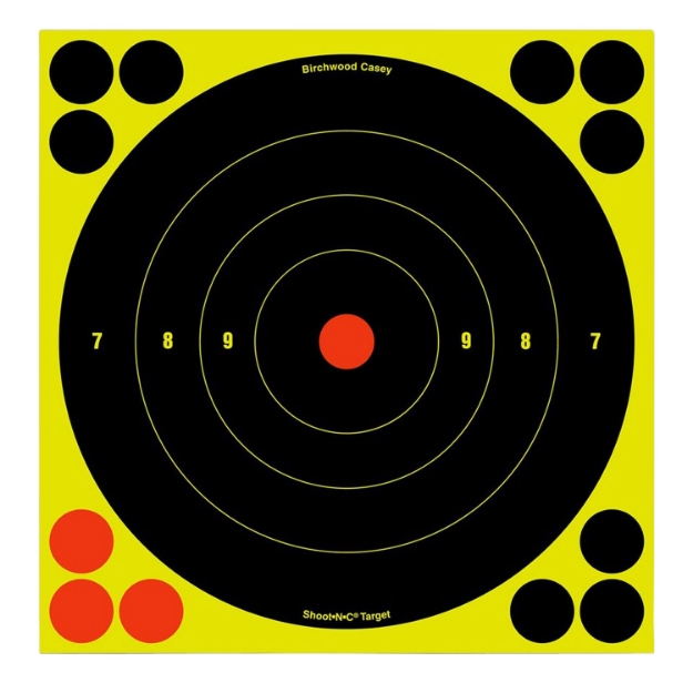 Picture of Birchwood Casey Shoot-N-C Self-Adhesive Paper Muzzleloader/Shotgun Black/Yellow 200+ Yds 8" Bullseye Includes Pasters 30 Per Pkg 