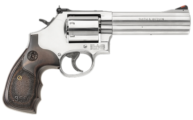 Picture of Smith & Wesson Model 686 Plus 38 S&W Spl +P, 357 Mag 7Rd 5" Stainless Steel Barrel & Cylinder Satin Stainless Steel Frame With Black & Silver Custom Wood Grip & Red Ramp Front Sight 