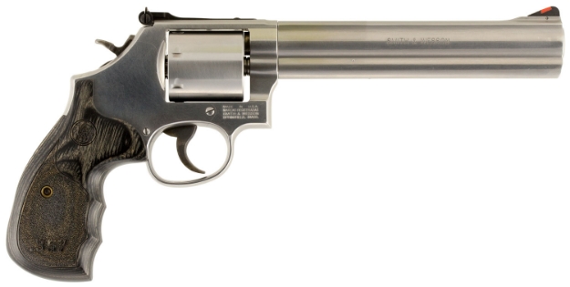 Picture of Smith & Wesson Model 686 Plus 38 S&W Spl +P, 357 Mag 7Rd 7" Stainless Steel Barrel & Cylinder Satin Stainless Steel Frame With Black & Silver Custom Wood Grip & Red Ramp Front Sight 