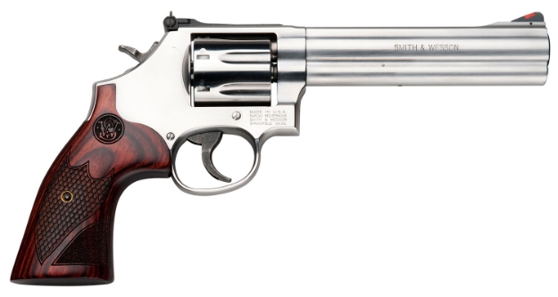 Picture of Smith & Wesson Model 686 Plus Deluxe 357 Mag Or 38 S&W Spl +P Stainless Steel 6" Barrel, 7Rd Cylinder, Satin Stainless Steel L-Frame, Textured Wood Grip, Internal Lock 