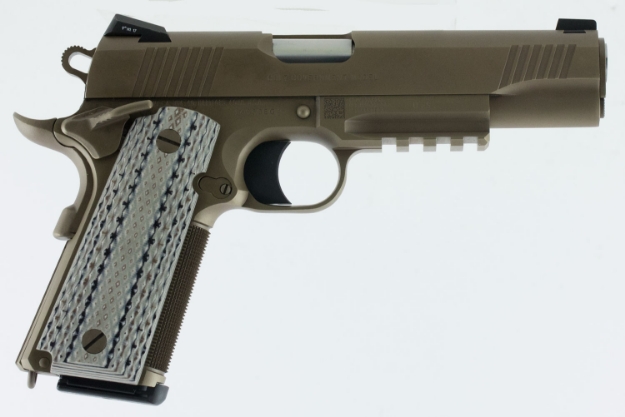 Picture of Colt Mfg 1911 Government Limited Edition 45 Acp Caliber With 5" Barrel, 8+1 Capacity, Desert Sand Finish With Picatinny Rail Frame, Serrated Slide, Gray G10 Grip & Night Sights 