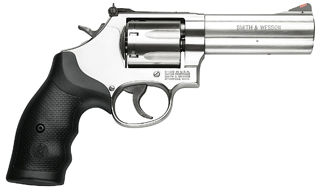 Picture of Smith & Wesson Model 686 Plus 357 Mag Or 38 S&W Spl +P Stainless Steel 4.12" Barrel & 7Rd Cylinder, Satin Stainless Steel L-Frame, Red Ramp Front/White Outline Rear Sights, Internal Lock 