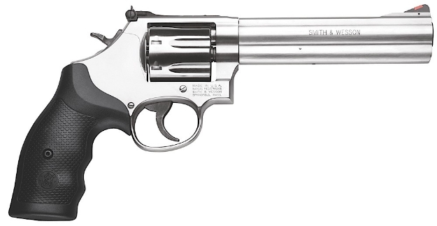 Picture of Smith & Wesson Model 686 Plus 357 Mag Or 38 S&W Spl +P Stainless Steel 6" Barrel & 7Rd Cylinder, Satin Stainless Steel L-Frame, Red Ramp Front/White Outline Rear Sights, Internal Lock 