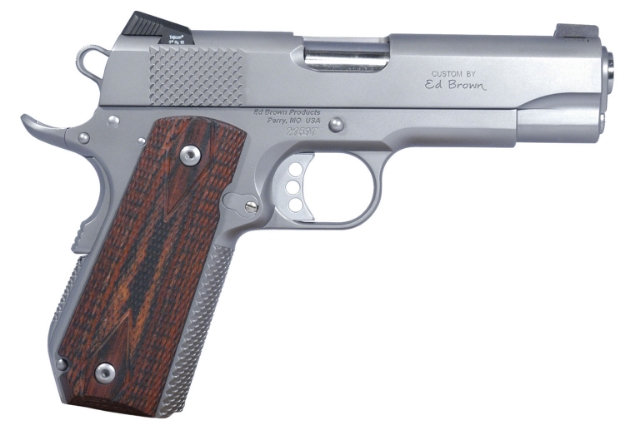 Picture of Ed Brown 1911 Kobra Carry *Ca Compliant 45 Acp 7+1 4.25" Match Grade Barrel, Snakeskin Serrated Matte Stainless Steel Frame/Slide W/Bobtail Housing, Laminate Wood Grip 