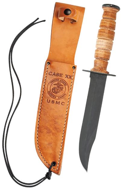 Picture of Case Usmc 7" Fixed Clip Point Plain Blackened 1095 Carbon Steel Blade Grooved Leather Handle 