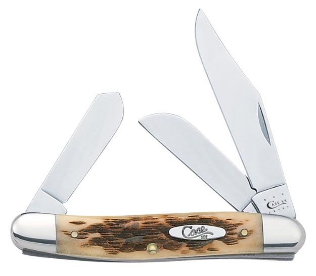 Picture of Case Stockman Medium 2.92"/2.15"/1.90" Folding Clip/Sheepsfoot/Spey Plain Mirror Polished Tru-Sharp Ss Blade/Peach Seed Jigged Amber Bone Handle 