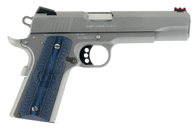 Picture of Colt Mfg 1911 Competition 45 Acp Caliber With 5" National Match Barrel, 8+1 Capacity, Stainless Steel Finish Frame, Serrated Slide, Scalloped Blue Checkered G10 Grip & 70 Series Firing System