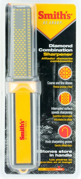 Picture of Smiths Products Diamond Combination Sharpener Hand Held 4" Fine, Coarse Diamond Sharpener Rubber Handle Yellow 