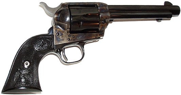 Picture of Colt Mfg Single Action Army Peacemaker 357 Mag Caliber With 5.50" Blued Finish Barrel, 6Rd Capacity Blued Finish Cylinder, Color Case Hardened Finish Steel Frame & Black Polymer Grip 