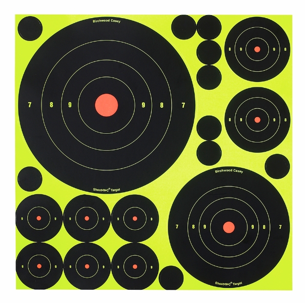 Picture of Birchwood Casey Shoot-N-C Variety Pack Self-Adhesive Paper Black/Yellow 200+ Yds Bullseye 50 Targets 