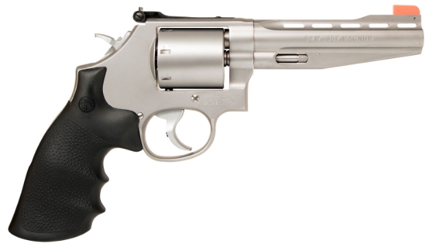 Picture of Smith & Wesson Model 686 Performance Center Plus 357 Mag Or 38 S&W Spl +P 5" Stainless Vent Rib Barrel , 7Rd Unfluted Stainless Cylinder , Stainless Steel L Frame , Chromed Teardrop Hammer 