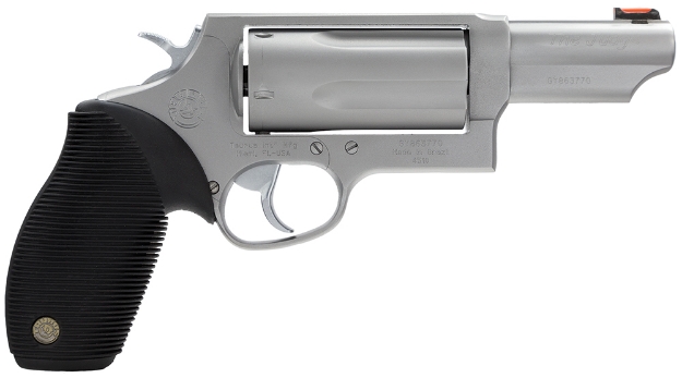 Picture of Taurus 2-441039Mag Judge Magnum 45 Colt (Lc) Caliber Or 2.50/3" 410 Gauge With 3" Barrel, 5Rd Capacity Cylinder, Overall Matte Finish Stainless Steel, Black Ribber Grip & Fiber Optic Front Sight 