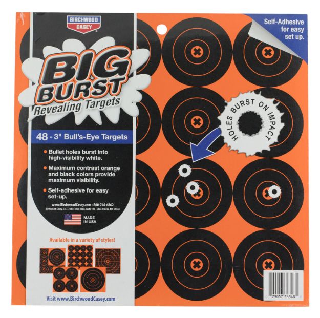 Picture of Birchwood Casey Big Burst Self-Adhesive Paper Black/Orange 3" Bullseye 48 Targets 