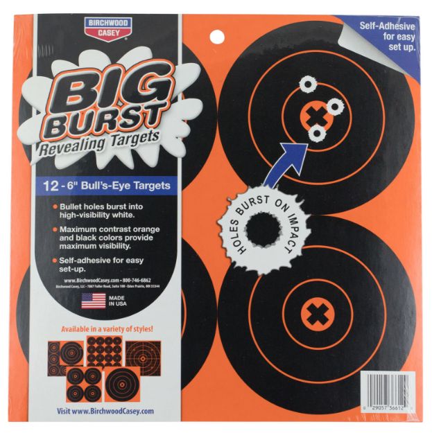 Picture of Birchwood Casey Big Burst Revealing Target Self-Adhesive Paper Black/Orange 6" Bullseye 12 Pk 